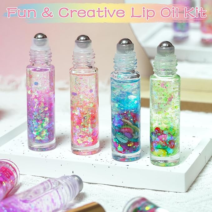 DIY Lip Gloss Making Kit, Lip Oil Maker Kits to Make Your Own Lipglosses with Roller Bottles, Moisturizing Lipstick Supplies Set, All-Inclusive Fun Lip Sticks Craft Kit for Girls Women