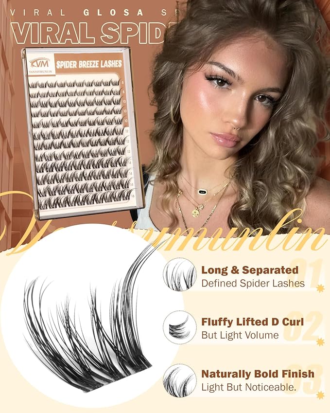 Spider Glosa Lash Clusters, Wispy Fluffy Eyelash Clusters Natural DD Curly Lashes Cluster 8-16mm Cluster Eyelash Extensions Reusable Eye Lash Clusters with Invisible Band for DIY at Home Vanssymunlin