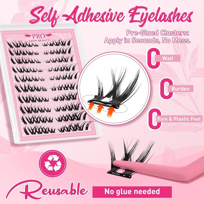 PROLASHBEAUTY Self Adhesive Eyelashes Fox Lash Clusters Self Adhesive Lashes No Glue Needed Lashes 10-16MM Pre Glued Eyelashes Clusters with Anti-Stick Tweezer(Fox,10-16mix)