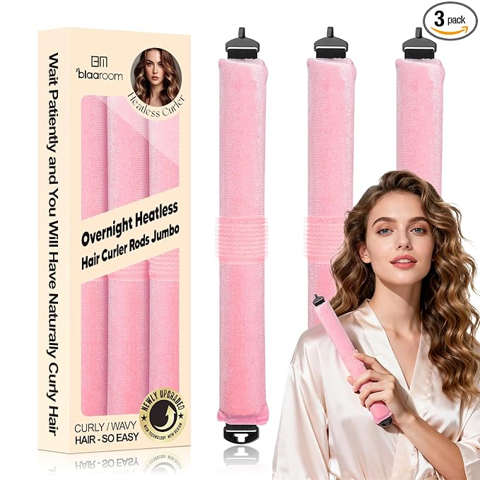 Overnight Heatless Hair Curler Satin Jumbo Flexi Overnight Curls Blowout Rods 3pcs No-Heat Styling Tools Curling Rod to Sleep in for All Hair Types - Pink
