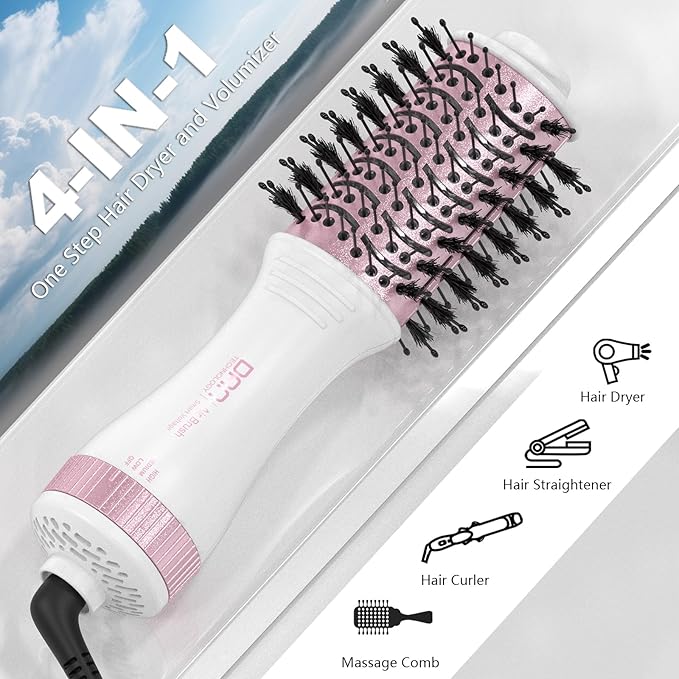 DAN Auto Dual Voltage Hair Dryer Brush(100V-240V),Travel Hair Dryer Brush with Multi-Function Plug Adapter,One Step Blow Dryer Brush and Styler Volumizer
