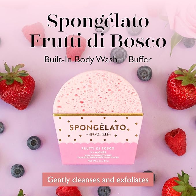 Spongellé Frutti di Bosco (Mixed Berries) Spongélato Bath Sponge | Built-In Body Wash & Body Scrubber, Shower Loofah Sponge for Women | 14+ uses