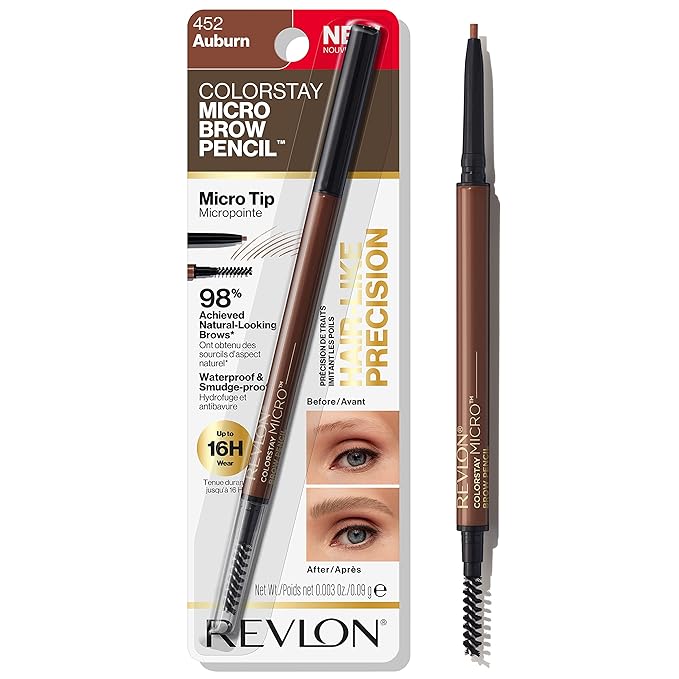 Revlon ColorStay Micro Eyebrow Pencil with Built In Spoolie Brush, Infused with Argan and Marula Oil, Waterproof, Smudgeproof, 452 Auburn, 0.003 oz