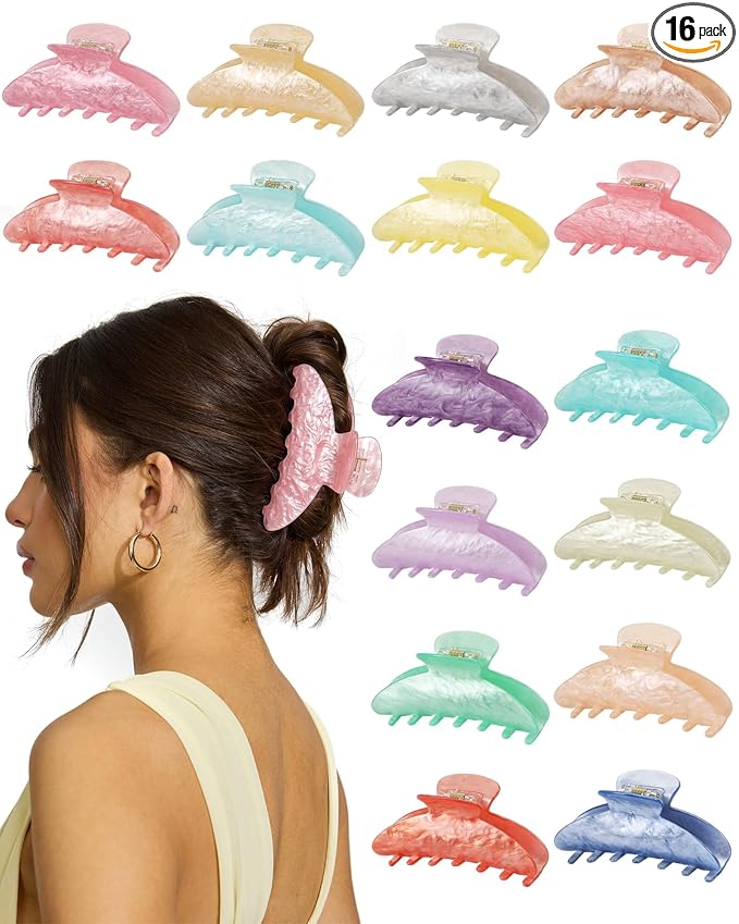 16 Pack Hair Claw Clips for Women - Large Non-Slip Acrylic Hair Claws for Thick Thin Hair, Cute Hair Barrettes Elegant & Durable, Fashion Hair Accessories Stylish Jaw Clips for Girls DIY Gift
