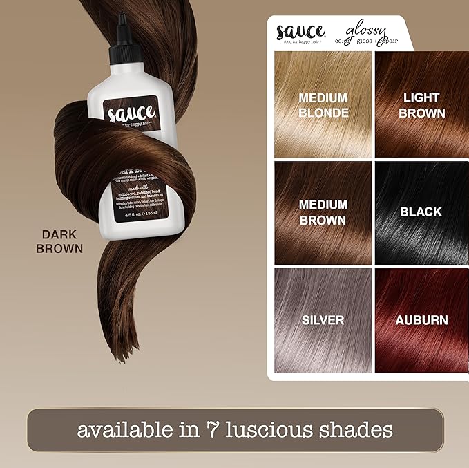 Sauce Beauty Glossy Color + Gloss + Repair, Dark Brown, Semi Permanent Hair Dye with Bond-Building and Color-Fade Protection Technology, Adds Shine & Deep Moisture, Lasts 4-8 Weeks, Stops Fade
