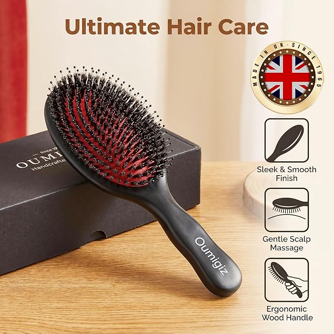 Boar Bristle Hair Brush Since 1965 British Craftsmanship, Handmade Natural Wood Slick Back Hairbrush, Gentle Detangling Smoothing Women Men Kids Curly Thick, Fine Hair