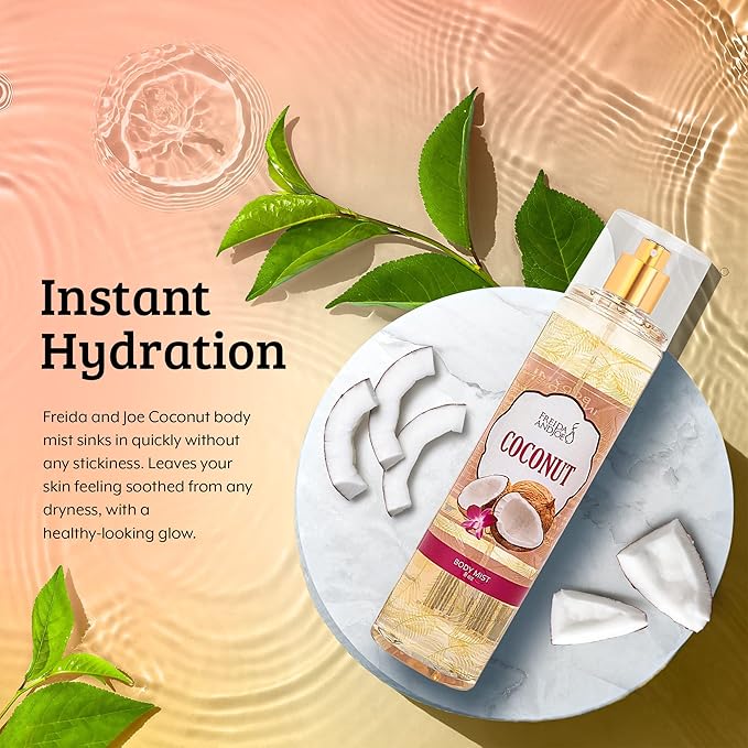 Freida and Joe Luxurious Coconut Body Mist Fine Fragrance, Women's Warm & Cozy Luxury Scented Gifts & Presents, 8oz Fine Mist Spray Bottle (Coconut) – Mother's Day Gift for Mom
