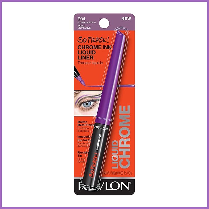 Revlon So Fierce! Chrome Ink Liquid Eyeliner, Longlasting Bold Metallic Pen Liner with Dip Ink Cap for Pearl, Shimmer Blend, 904 Ultraviolet Foil, 0.03 oz.