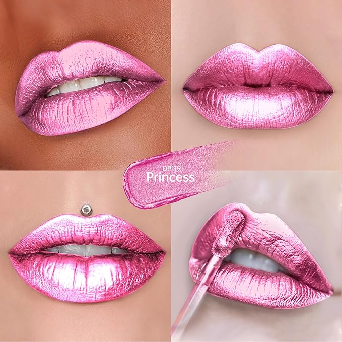 Depuplum Pink Lipsticks for Women Metallic Lipstick Long Lasting Shimmer Lip Gloss Metal Shine Glitter Waterproof Lipsticks Full Coverage Lip Color for Mother's Day,DP119 Princess
