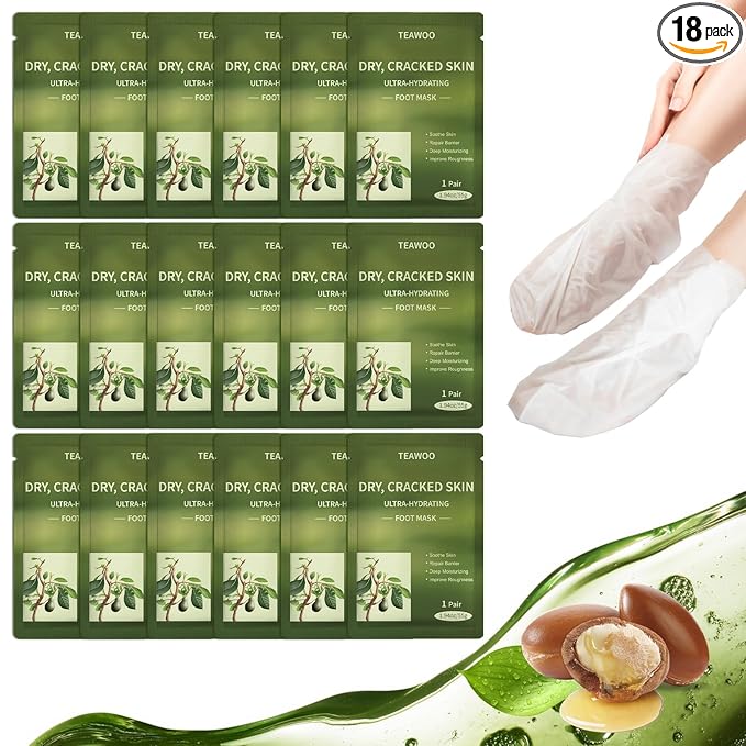 TEAWOO 18 Pairs Moisturizing Foot Masks with Shea Butter, Jojoba Oil, Vitamin E & Urea, Intensely Hydrating Foot Mask For Dry Cracked Feet, Moisturizing Socks for Cracked Heel Treatment