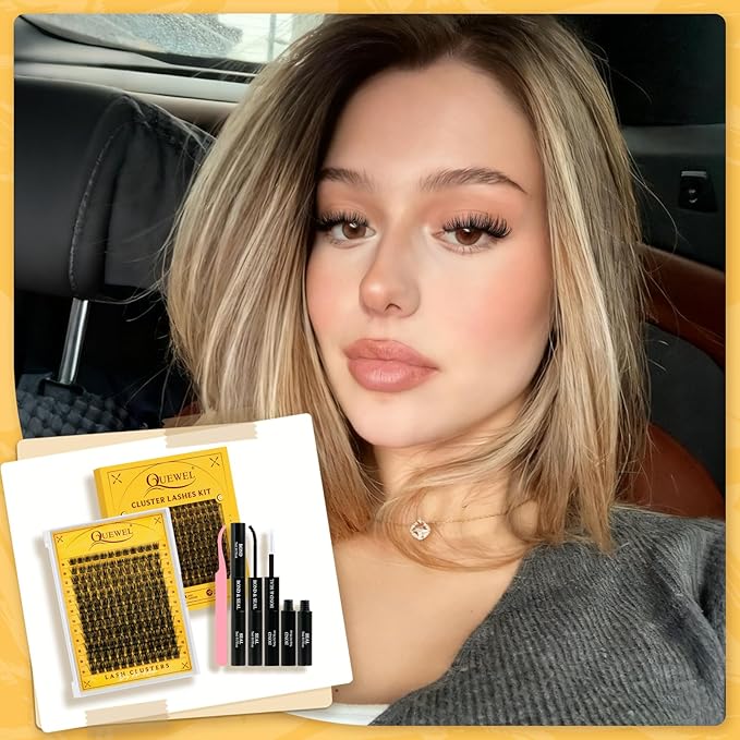 QUEWEL Lash Clusters Kit, 144PCS Natural Lash Custers with Lash Bond and Seal, C Curl Wispy Cluster Lashes Natural Look with Thin Band Easy to use for Beginners (DJ-FD-B）
