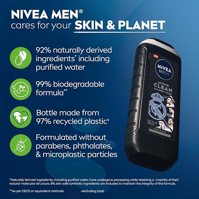 NIVEA MEN Real Madrid Limited Edition Design Active Clean Body Wash with Natural Charcoal for Normal to Oily Skin, 3-in-1 Charcoal Body Wash, Face and Hair, 16.9 Fl Oz Bottle, Pack of 3
