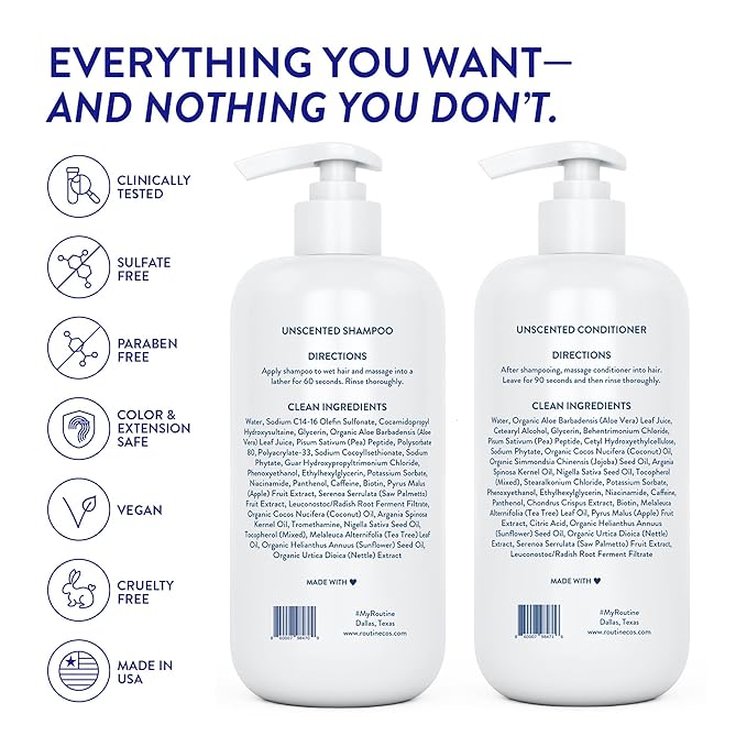 Routine Wellness Shampoo and Conditioner Set and Hair Serum for Thinning Hair - DHT Blocker Women & Men - Color Safe Shampoo for Hair Loss & Healthier Hair - Unscented Set + Hair Serum