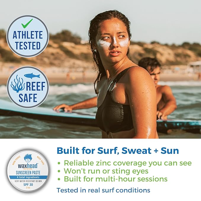 Waxhead Zinc Oxide Sunscreen Paste SPF 30, Nose Sunscreen Sunblock, Surf Lifeguard Face Protection, Reef Safe Mineral Formula for Sensitive Skin Kids, 80 Min Water Resistant, Travel Size 2 oz