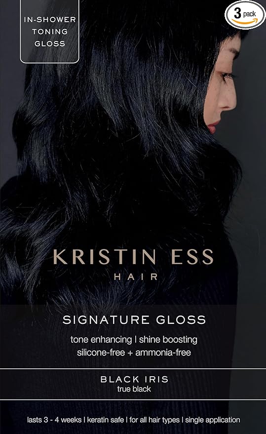 Kristin Ess Hair Gloss in Black Iris True Black - 4 Wk Semi Permanent Hair Color for Women - Black Hair Color Depositing Conditioner & Toner for Vibrant Color + Shine - Hair Dye Glaze - Vegan