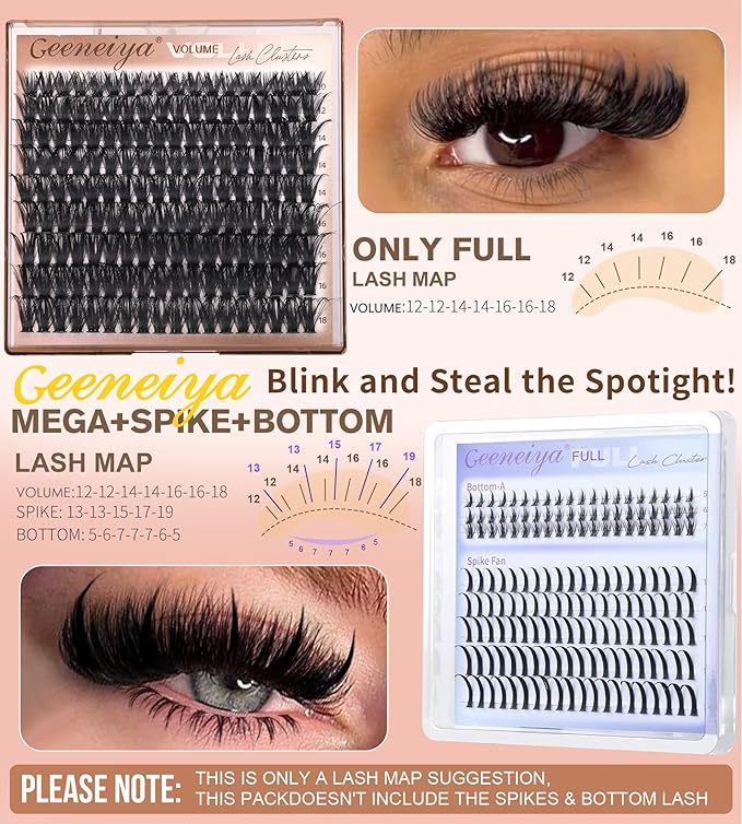 Geeneiya Volume Lash Clusters D Curvature Eyelash Clusters Thick Cluster Eyelash Extensions Wispy Individual Lashes Extensions Waterproof Lashes DIY at Home for Beginners with Lash Map