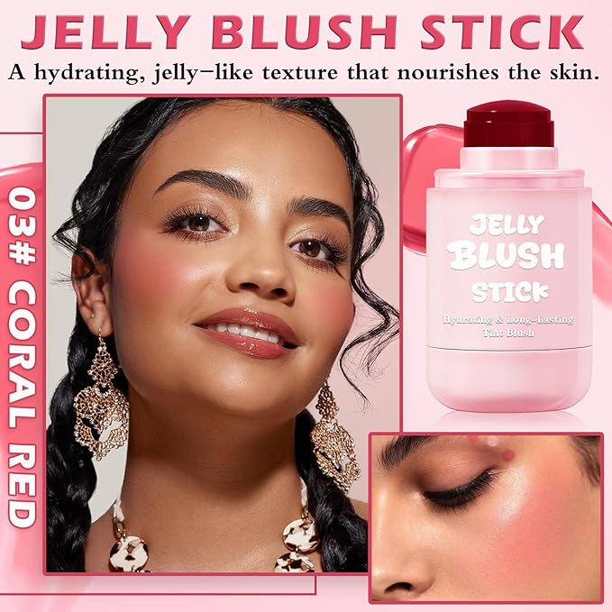 Jelly Blush for Checks,Eyes & Lip Stain 3-in-1 Long-Lasting Hydrating Jelly Tint Lightweight Sheer Blush Buildable Color Lip Tint Face Blushes Makeup# Coral Red