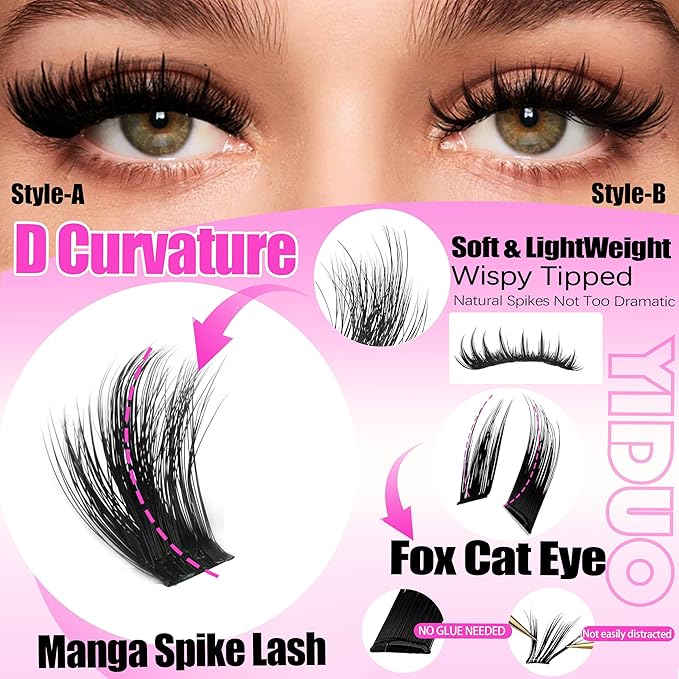 YIDUO Manga Lash Clusters Kit 2 Styles Volume Fairy + Cat Eye Cartoon Clusters Eyelash Extensions Kit with Lash Bond and Seal Remover Tweezers 10-18mm Wispy Individual DIY Lashes Book Kit