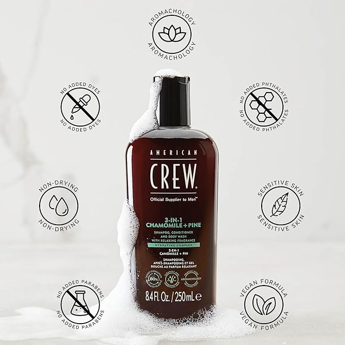 AMERICAN CREW 3-in-1 Chamomile & Pine, Shampoo, Conditioner & Body Wash for Men, All-in-One Care with Calming and Relaxing Fragrance, 8.4 fl oz