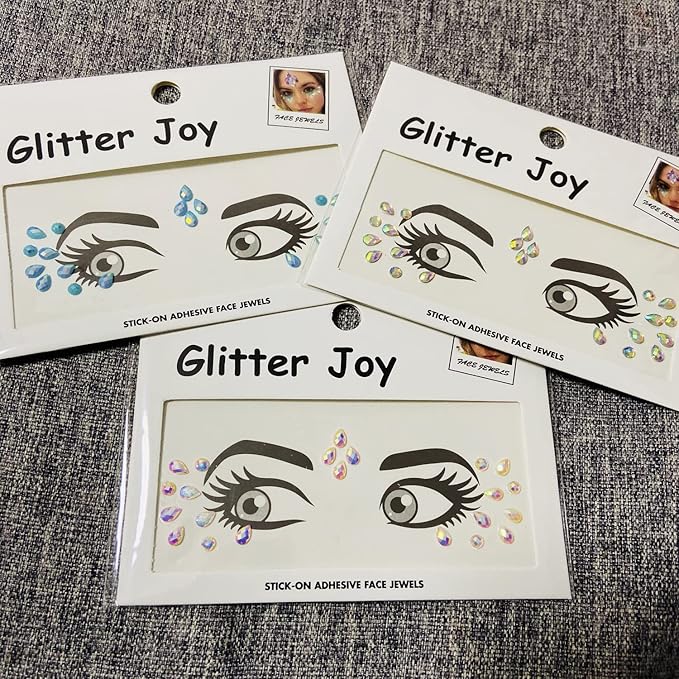 Tear Face Gems Glitter Tattoo for Eye Corner and Forehead Bindi Rhinestone Face Jewelry Rave Party Decorations For Women Kids, 3-Pack