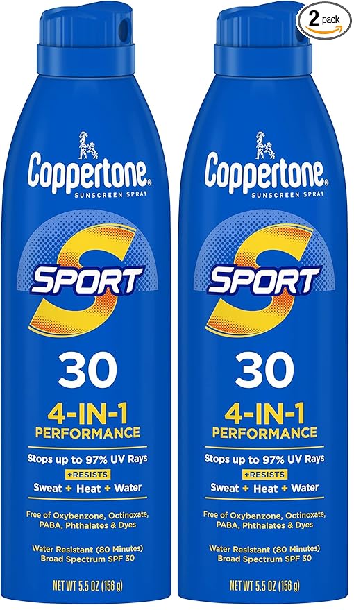 Coppertone SPORT Sunscreen Spray SPF 30, Water Resistant Sunscreen, Broad Spectrum Spray Sunscreen SPF 30, 5.5 Oz Spray (Pack of 2)