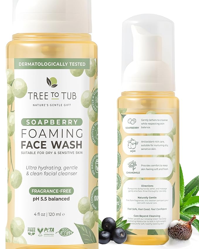 Tree To Tub Sensitive Skin Face Wash for Dry Skin - Fragrance Free Gentle Face Cleanser for Women & Men, Unscented Hydrating Foaming Facial Cleanser, Daily Face Soap w/All Natural Organic Aloe Vera