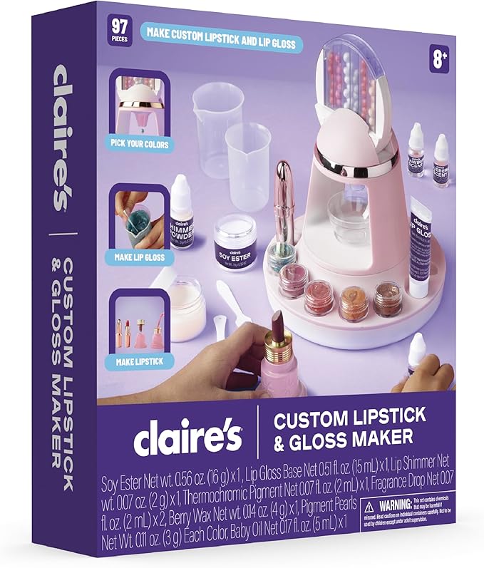 Claire's DIY Lipstick & Lip Gloss Making Kit, 97-Piece Real Makeup Arts & Crafts Set, Handmade Moisturizing Lip Glaze, Girl Toys & Cosmetic Products, Beauty & Science Gift, Ages 8+