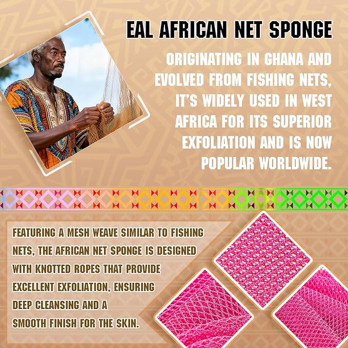 Authentic African Net Sponge - 2 Pieces Deep Clean Exfoliating Sponge - Soft Weave for Gentle Exfoliation, All-Skin-Type Shower Accessory (Rose Red Blue)
