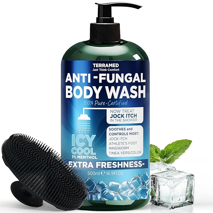 Antifungal Body Wash | Antifungal Soap with 1% Tolnaftate | Medicated Jock Itch Treatment for Ringworm & Athlete’s Foot | Cooling Effect Menthol Body Wash | Includes Scrubber 16.9 Fl oz