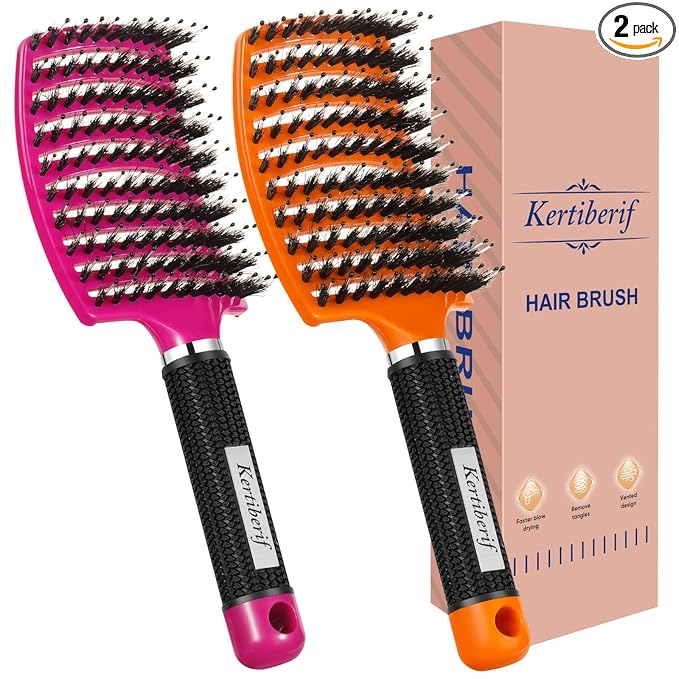 Boar Bristle Hair Brush 2PCS, Curved Vented Detangling Brush for Wet and Dry Hair, Styling Paddle Hairbrush for Women Men Kids Curly Straight Thick Long or Short Hair