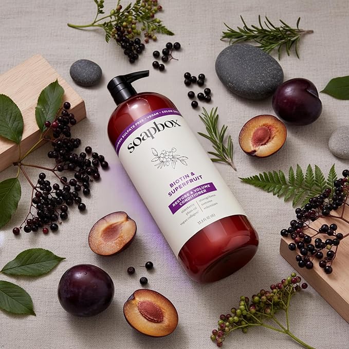 Soapbox Biotin & Super Fruit Conditioner, Leaves Hair Volumized & Strong - Clean Ingredients Free of Harsh Chemicals, Sulfates, Parabens & Silicones - Volumizing Conditioner for Hair, 33.8oz Liter