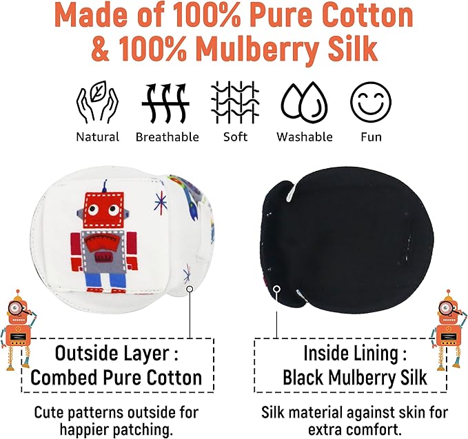 Astropic 3D Cotton & Silk Eye Patch for Kids | Boys Eye Patch for Glasses | Medical Eyepatch for Children with Lazy Eye (Red Robot, Left Eye)