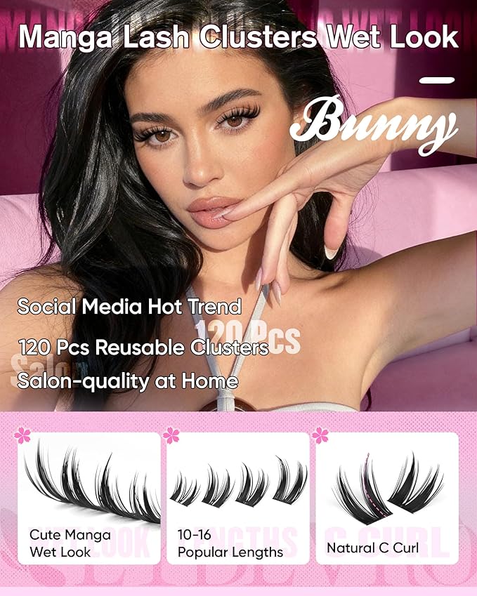 EYDEVRO Bunny Lash Clusters Manga Eyelash Clusters Wet Look Fairy Wispy Cluster Eyelash Extensions Anime Cluster Lashes 120 Pcs 10-16mm C Curl DIY Lash Extensions