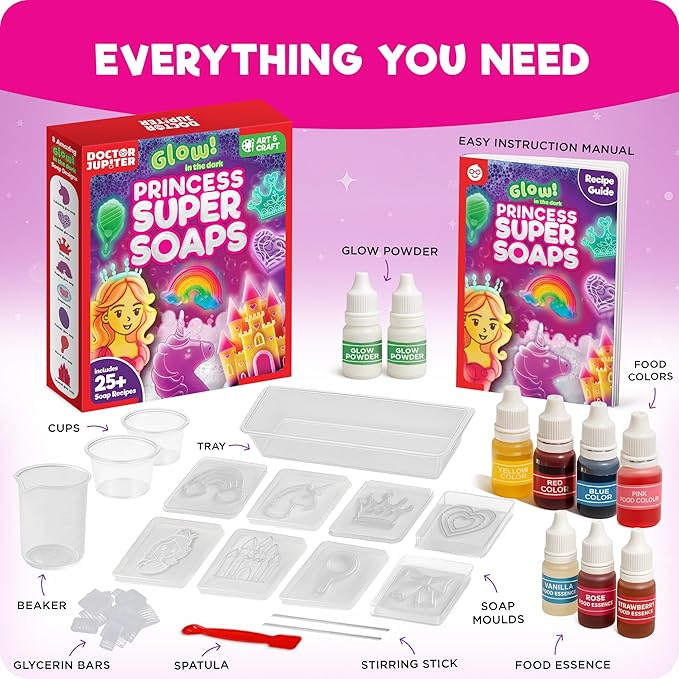 Doctor Jupiter Glow in The Dark Princess Soap Making Kit - Girls Crafts DIY Project for 4+ Year Old Kids | Birthday Gift Ideas for Girls Ages 4 5 6 7 8 12, Princess Toys