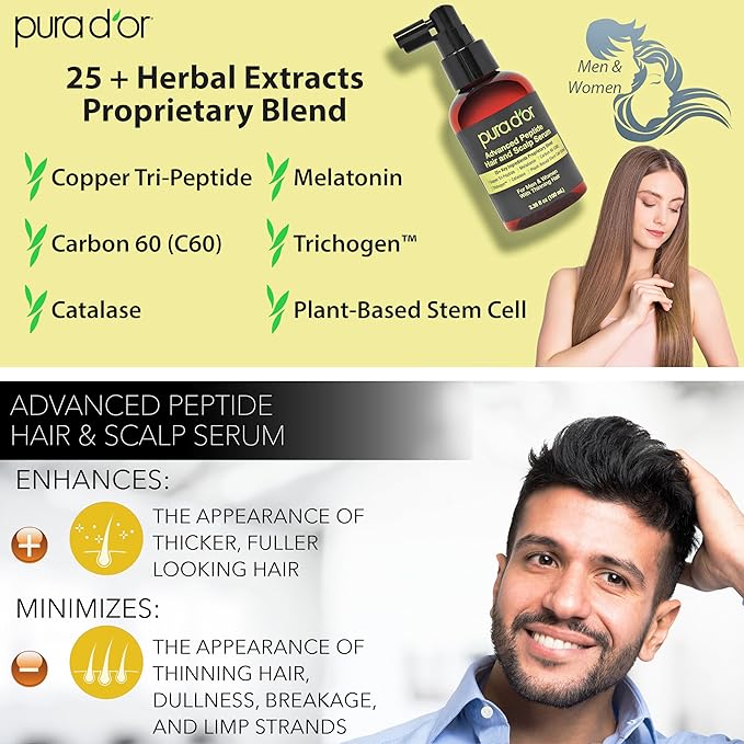 PURA D'OR Advanced Hair & Scalp Serum 3.38 oz – For Hair Thinning with Copper Tri-Peptide, Caffeine, Botanical Extract Blend, Fuller Appearance Strands – Vegan, Cruelty-Free Formula for Men & Women