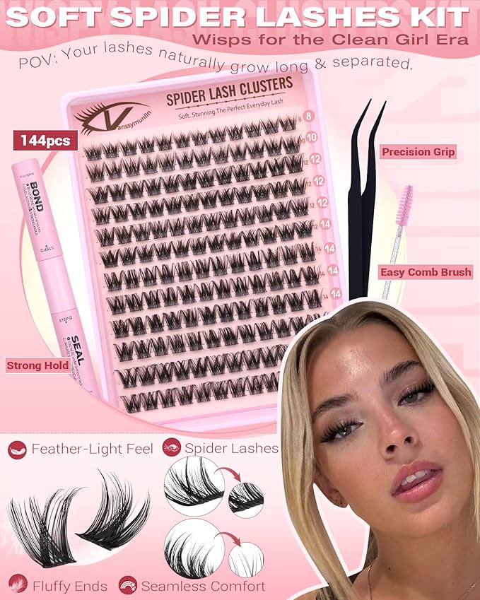 Spider Lashes Kit Natural Lash Clusters Kit Wispy Clusters Eyelash Extensions Fluffy Eyelash Clusters Kit Spikes Individual Lashes C-Curl Lashes Clusters Fairy Lash Extension Kit with Brush 8-16MM