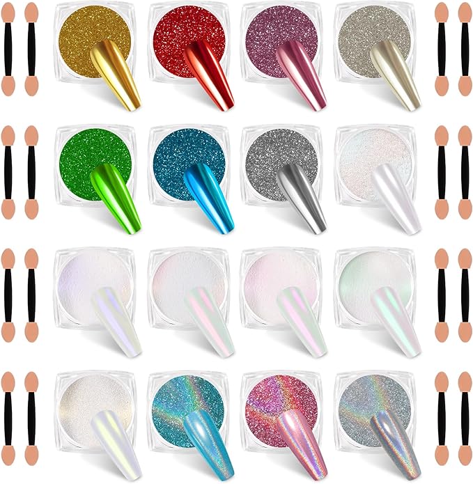 16 Jars Chrome Nail Powder Nail Art Glitter Decoration Metallic Mirror Effect Holographic Aurora Pearl Mermaid White Pigment Powder Kit for Resin Craft Nail Art - Aurora Phantom