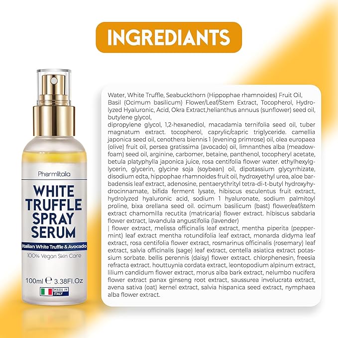 Pharmlitalia Italian White Truffle Spray Serum - Vegan Skin Care - Hydrating Face Mist with Avocado & White Truffles - Face Serum for Radiant Skin - 3.38 Fl Oz