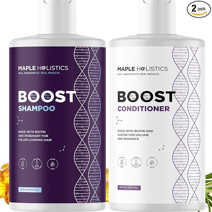 Advanced Biotin Shampoo and Conditioner Set - Sulfate and Paraben Free Shampoo and Conditioner for Thinning Hair with Rice Water Black Castor Caffeine Collagen and Rosemary Essential Oil (16 Fl Oz)