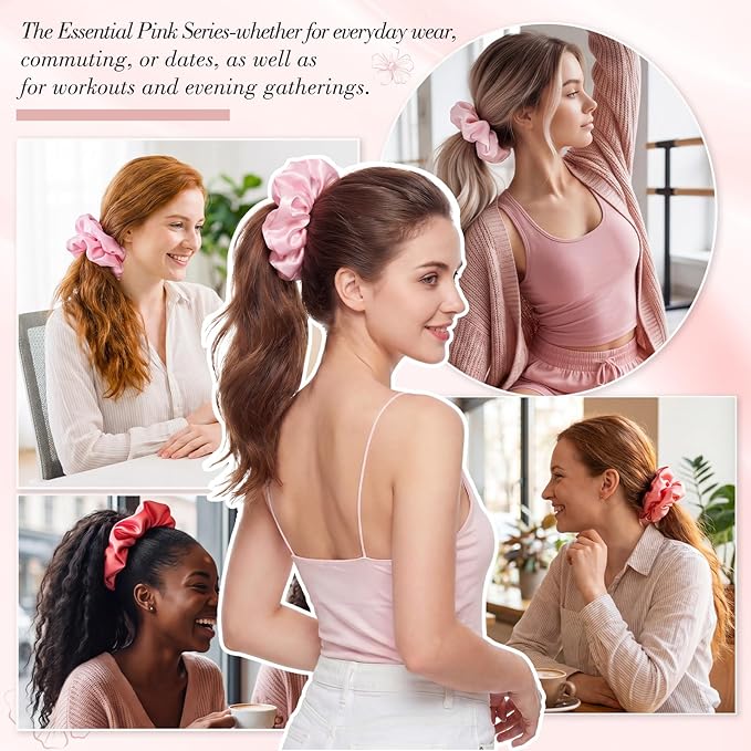 3Pcs Large Satin Hair Scrunchies for Thick Curls, 6Inch Blush Pink Pillow Satin Scrunchies for Girl Summer Pink Outfit No Damage Sleepy Hair Tie