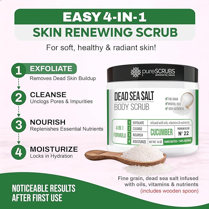 pureSCRUBS Premium Cucumber Body Scrub Set - Large 16oz Dead Sea Salt Body Scrub for Women Exfoliation KP Bump Eraser Body Scrub Includes Wooden Spoon, Loofah & Soap