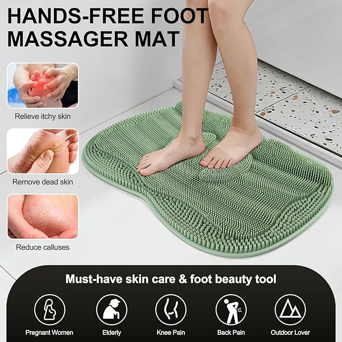 Bath Shower Foot Scrubber Mat - Silicone Shower Foot Scrubber Mat (XL) Cleaner Foot Toes Clean Pad Without Bending Non-Slip Suction Cups Bathroom mat 17.2 * 13 inch - Green