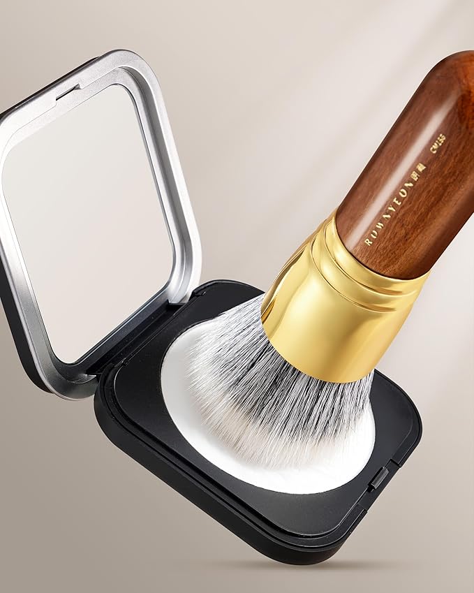 Desert Oak Series Dual Wool Powder Buffer Brush - 40mm Round Top for Airbrush Finish, White & Black Goat Hair Blend, Bubinga Handle & Brass Ferrule (CM 186)