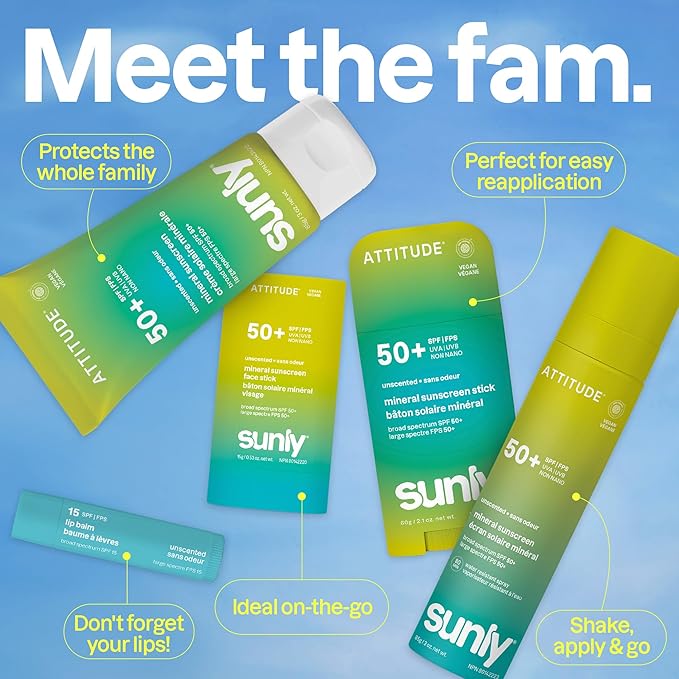 ATTITUDE Mineral Sunscreen Stick SPF 50, Broad Spectrum Zinc Oxide, EWG Verified, Non-Nano, Mess-Free Stick for Face & Body, Lightweight Non-Greasy, Vegan, Unscented, 2 Oz