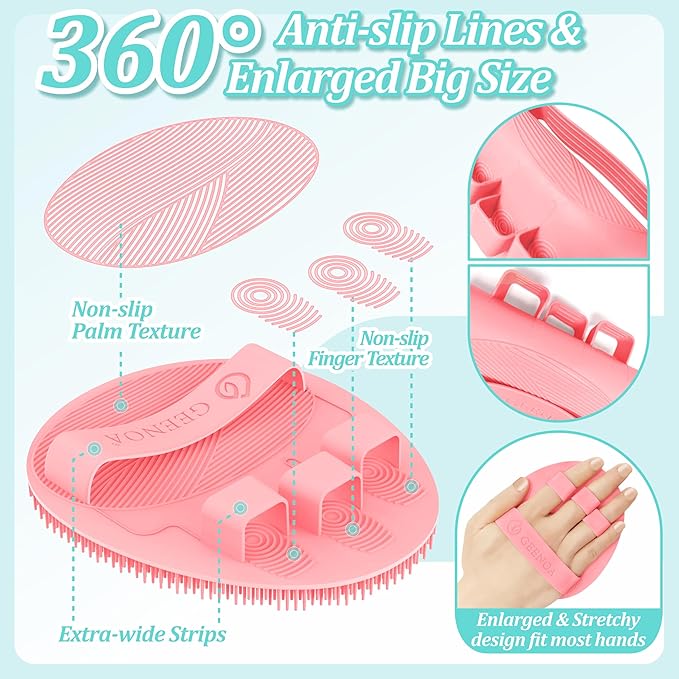 Back Scrubber for Shower & Silicone Bath Glove Set, 19’’ Detachable Long Handle Body Scrubber Wet or Dry Brush, Adjustable 2-in-1 Back & Body Brush with Soft Bristles for Deep Cleaning(Pink)