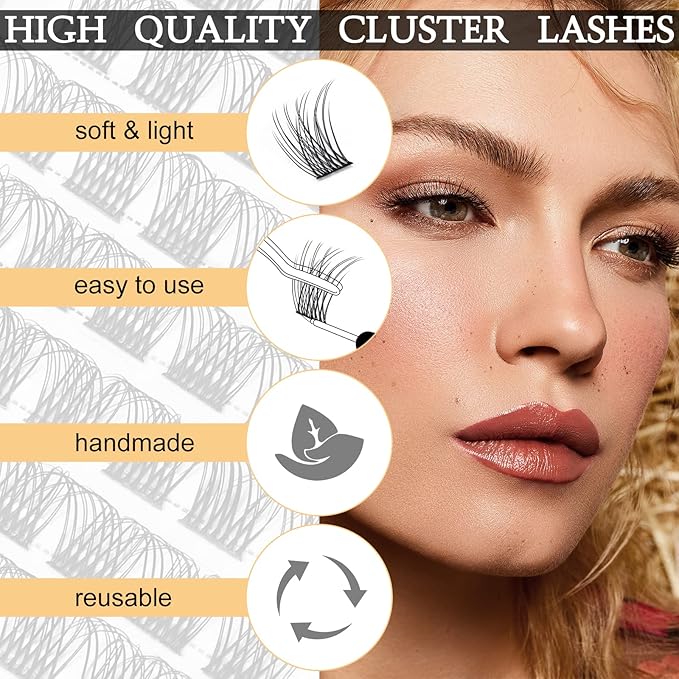 QUEWEL Lash Clusters 144 Pcs Wide Stem Individual Lashes C/D Curl 8-16mm Length DIY Lash Extension Soft False Eyelashes Wispy Cluster Lashes Easy to Create Natural Look At Home(Natural-C-MIX8-16mm)