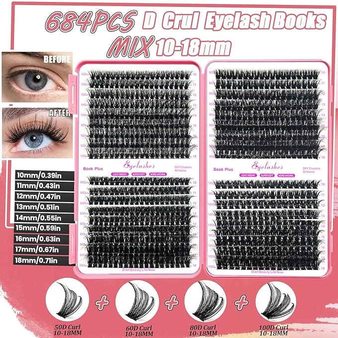 DNSGOOR DIY Lash Extension Kit 684Pcs D Curl 10-18mm Lashes Clusters with Lash Shampoo Lash Bond and Seal Glue Remover Cleansing Brush Headband Wristband Tweezers Eyelash Brush Applicator