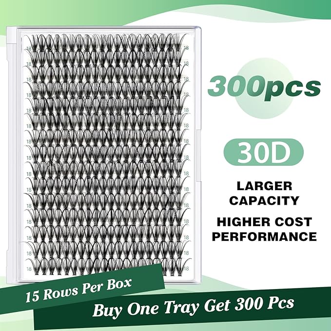 KEYYOU Lash Clusters 300pcs Individual Lashes, 30D 0.07D Curl 18mm DIY Eyelash Extension, Soft & Natural Volume Cluster Lashes with Large Tray