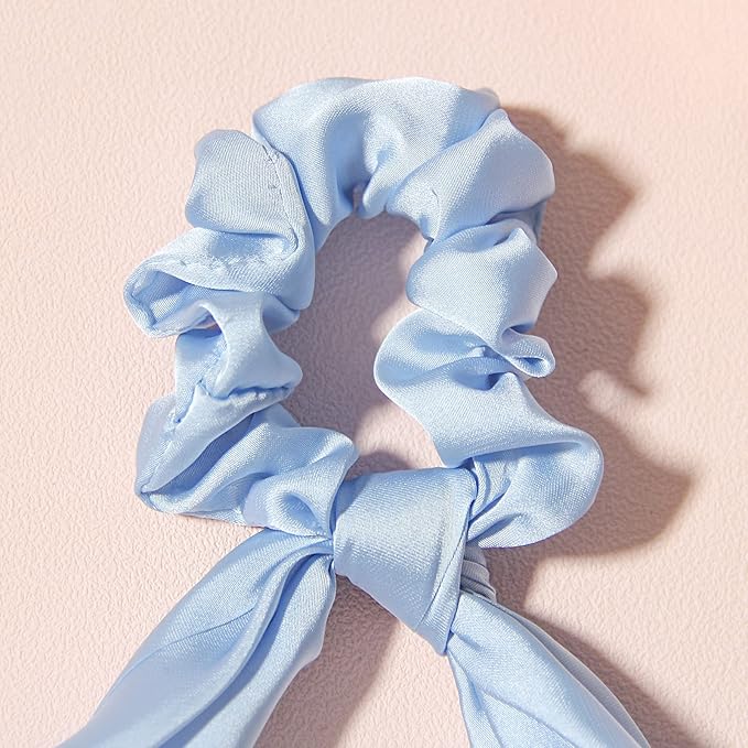 Pack of 2 Knotted Bow Hair Scrunchies Elastic Hair Scarf Hair Ties Bands Satin Hair Ribbon Scrunchy Ponytail Holder for Women and Girls,Hair Scarf Scrunchies with Tail, Hair Accessories (Light Blue)