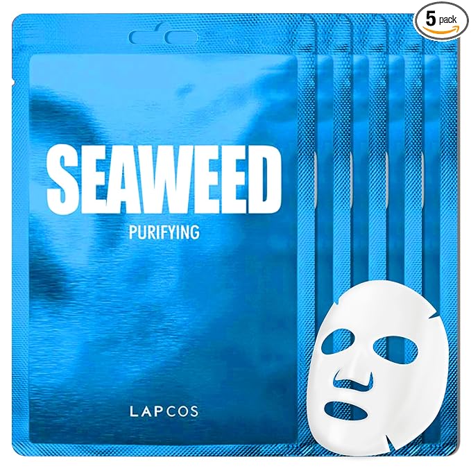 LAPCOS Seaweed Sheet Mask - Purifying & Hydrating Face Masks with Hyaluronic Acid & Squalane for Dull, Dry Skin & Uneven Texture - Highly Breathable Lyocell Sheet - Korean Skin Care (Pack of 5)